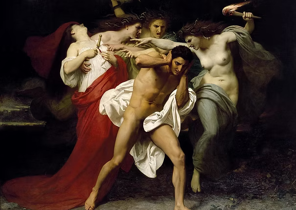 painting, titled "The Remorse of Orestes, by William Adolphe Bougeureau" was created by William-Adolphe Bouguereau in 1862. It portrays a scene from Greek mythology where Orestes, after avenging his father by killing his mother, is tormented by the Furies, spirits of vengeance